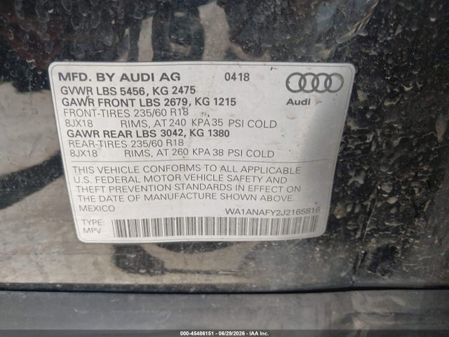 Aukcja sprzedaży 2018 Audi Q5 2.0t Premium/2.0t Tech Premium, vin: WA1ANAFY2J2165816, numer aukcji: 45486151