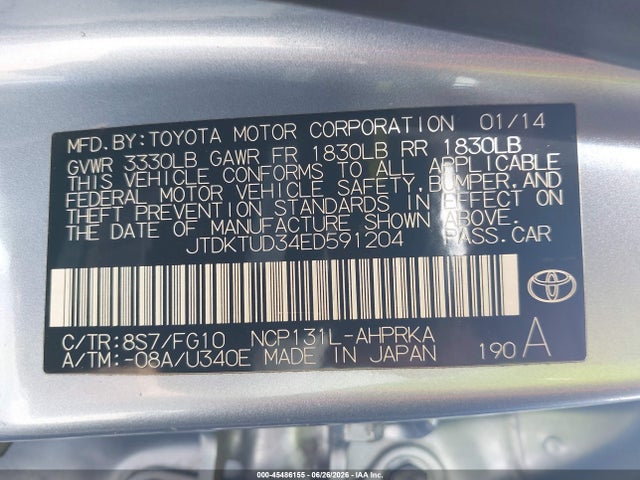 Продаж на аукціоні авто 2014 Toyota Yaris L (tmc/cbu Plant), vin: JTDKTUD34ED591204, номер лоту: 45486155