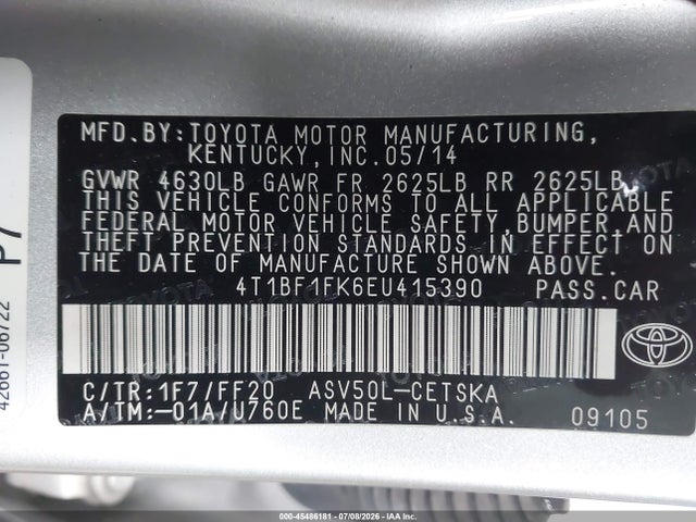 2014 Toyota Camry Se მანქანა იყიდება აუქციონზე, vin: 4T1BF1FK6EU415390, აუქციონის ნომერი: 45486181