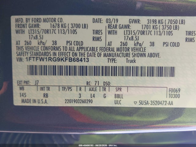 Ford F-150 Raptor 2019 1FTFW1RG9KFB68413 Image 9
