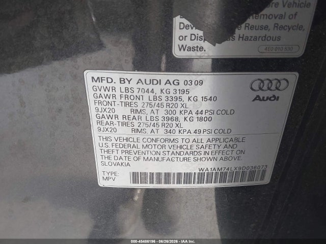 Aukcja sprzedaży 2009 Audi Q7 3.0 Tdi, vin: WA1AM74LX9D036073, numer aukcji: 45486196