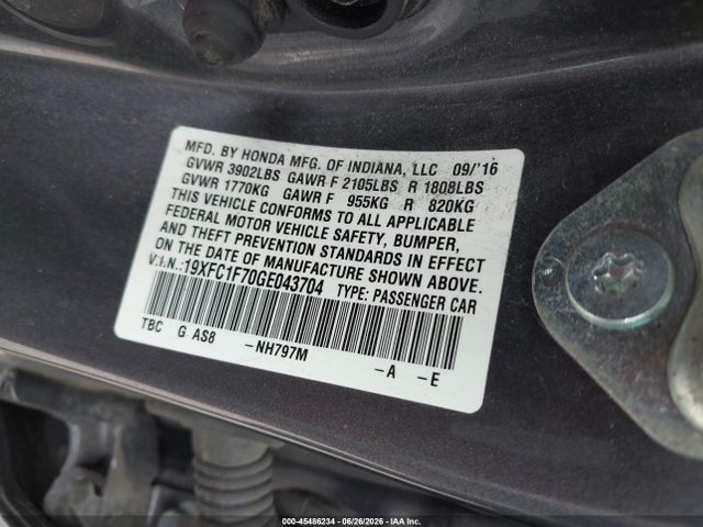 45486234 :رقم المزاد ، 19XFC1F70GE043704 vin ، 2016 Honda Civic Ex-l مزاد بيع