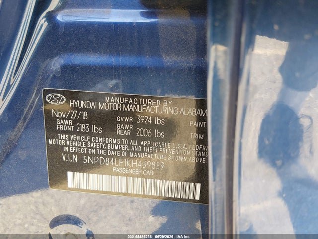 2019 Hyundai Elantra Sel მანქანა იყიდება აუქციონზე, vin: 5NPD84LF1KH439859, აუქციონის ნომერი: 45486236