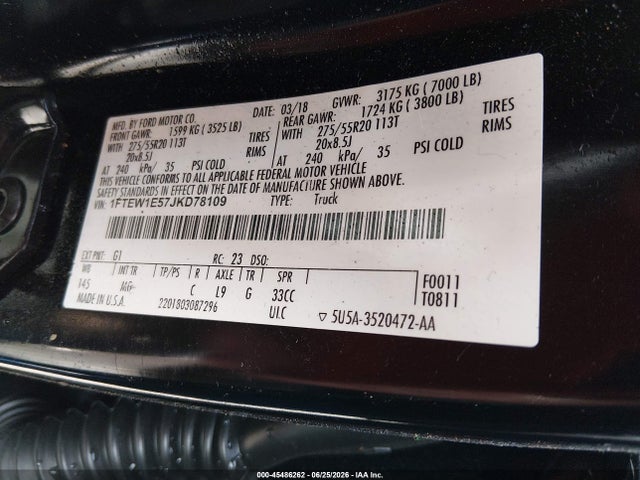 Продажа на аукционе авто 2018 Ford F-150 King Ranch/lariat/platinum/xl/xlt, vin: 1FTEW1E57JKD78109, номер лота: 45486262