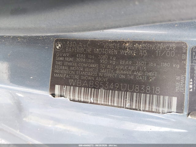 Продажа на аукционе авто 2001 Bmw 330ci, vin: WBABS53491JU83818, номер лота: 45486273