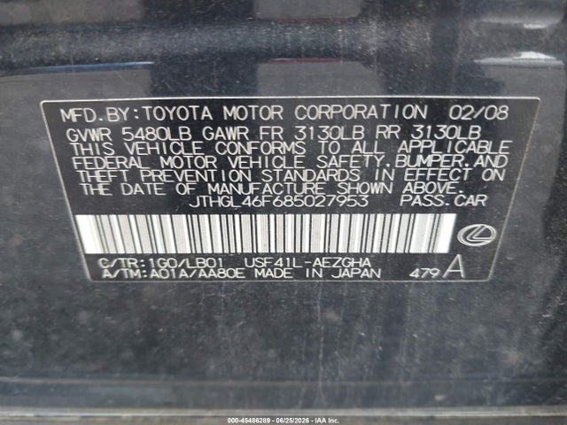45486289 :رقم المزاد ، JTHGL46F685027953 vin ، 2008 Lexus Ls 460 L مزاد بيع