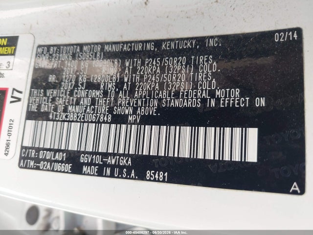 4T3ZK3BB2EU067848 Toyota Venza Xle V6