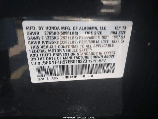 2014 Honda Pilot Ex-l მანქანა იყიდება აუქციონზე, vin: 5FNYF4H57EB018223, აუქციონის ნომერი: 45486299