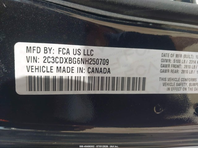 2022 Dodge Charger Sxt Rwd მანქანა იყიდება აუქციონზე, vin: 2C3CDXBG6NH250709, აუქციონის ნომერი: 45486302