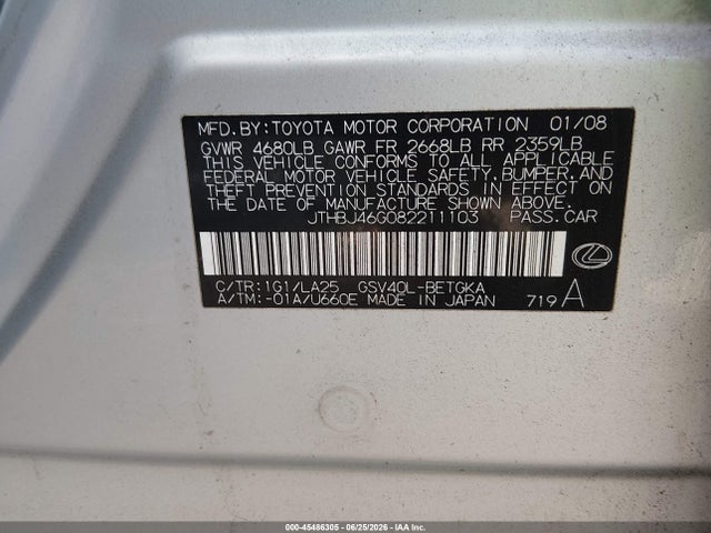 45486305 :رقم المزاد ، JTHBJ46G082211103 vin ، 2008 Lexus Es 350 مزاد بيع