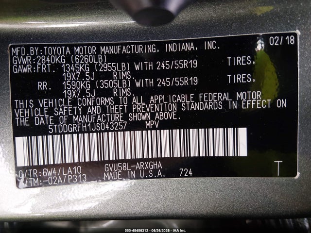 45486312 :رقم المزاد ، 5TDDGRFH1JS043257 vin ، 2018 Toyota Highlander Hybrid Limited مزاد بيع