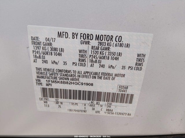 1FM5K8B82HGC91908 Ford Explorer