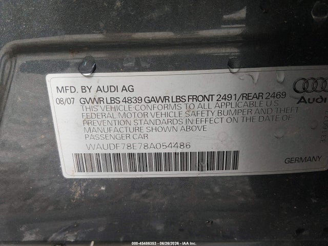 Продаж на аукціоні авто 2008 Audi A4 2.0t, vin: WAUDF78E78A054486, номер лоту: 45486353