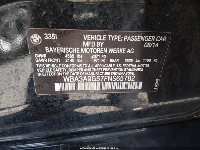 Aukcja sprzedaży 2015 Bmw 335i, vin: WBA3A9G57FNS65782, numer aukcji: 45486357