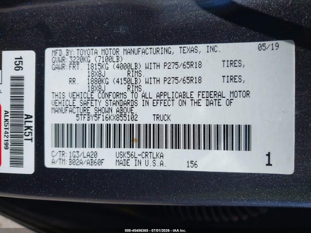 5TFBY5F16KX855102 Toyota Tundra Limited 5.7l V8