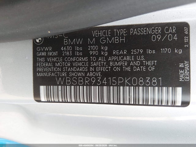 2005 Bmw M3 მანქანა იყიდება აუქციონზე, vin: WBSBR93415PK08381, აუქციონის ნომერი: 45486384