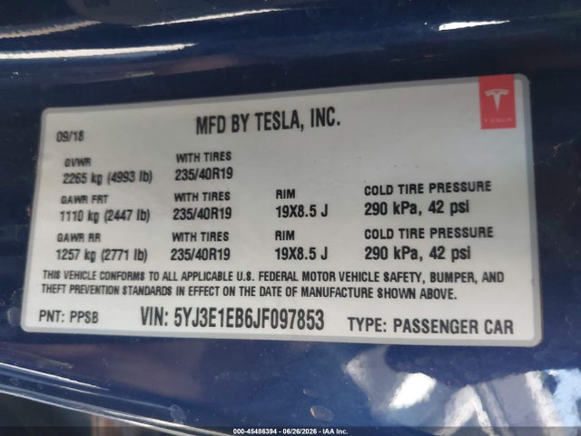 Продаж на аукціоні авто 2018 Tesla Model 3 Long Range/performance, vin: 5YJ3E1EB6JF097853, номер лоту: 45486394