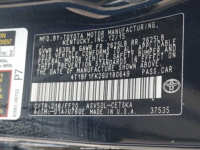 2016 Toyota Camry Se მანქანა იყიდება აუქციონზე, vin: 4T1BF1FK2GU180649, აუქციონის ნომერი: 45486402