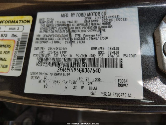 Aukcja sprzedaży 2016 Ford Fusion Se, vin: 3FA6P0T95GR367640, numer aukcji: 45486425