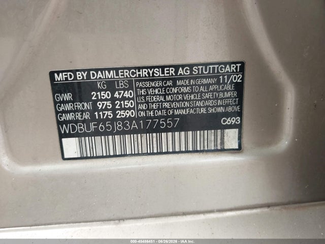 45486451 :رقم المزاد ، WDBUF65J83A177557 vin ، 2003 Mercedes-benz E 320 مزاد بيع