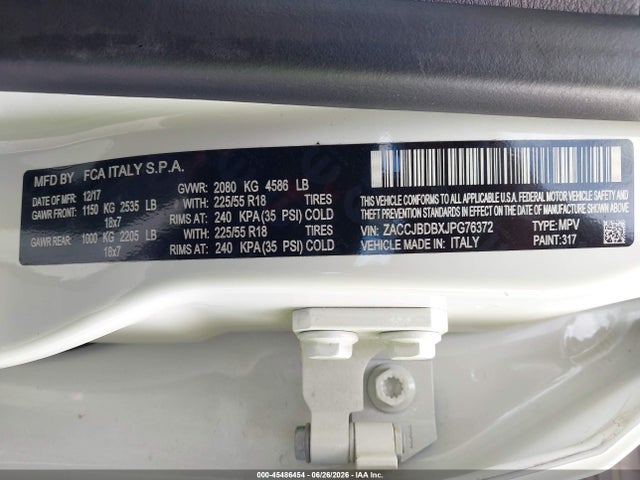 Aukcja sprzedaży 2018 Jeep Renegade Limited 4x4, vin: ZACCJBDBXJPG76372, numer aukcji: 45486454