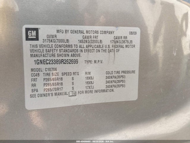 2009 Chevrolet Tahoe Lt1 მანქანა იყიდება აუქციონზე, vin: 1GNEC23389R262699, აუქციონის ნომერი: 45486465