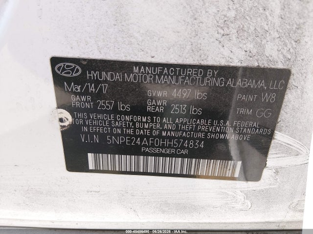 45486490 :رقم المزاد ، 5NPE24AF0HH574834 vin ، 2017 Hyundai Sonata Se مزاد بيع
