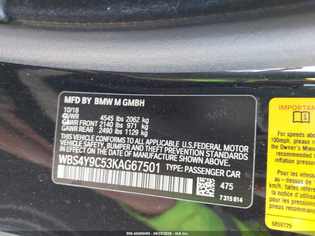 Aukcja sprzedaży 2019 Bmw M4, vin: WBS4Y9C53KAG67501, numer aukcji: 45486495