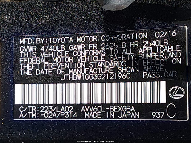Lexus ES 300H 2016 JTHBW1GG3G2121960 Image 9