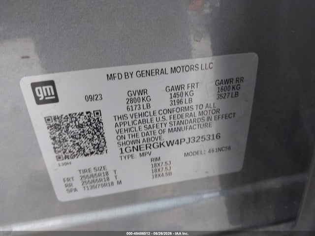 1GNERGKW4PJ325316 Chevrolet Traverse Fwd Lt Cloth