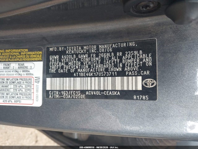 Продажа на аукционе авто 2007 Toyota Camry Se, vin: 4T1BE46K17U573711, номер лота: 45486513