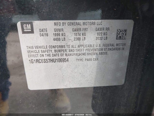 2017 Chevrolet Volt Lt მანქანა იყიდება აუქციონზე, vin: 1G1RC6S57HU106954, აუქციონის ნომერი: 45486517