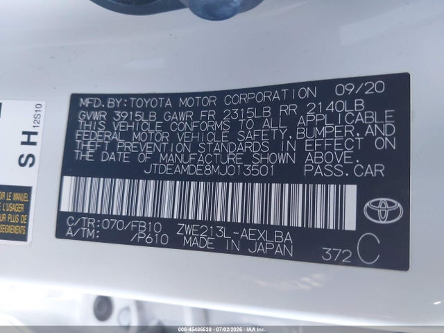 45486538 :رقم المزاد ، JTDEAMDE8MJ013501 vin ، 2021 Toyota Corolla Hybrid Le مزاد بيع