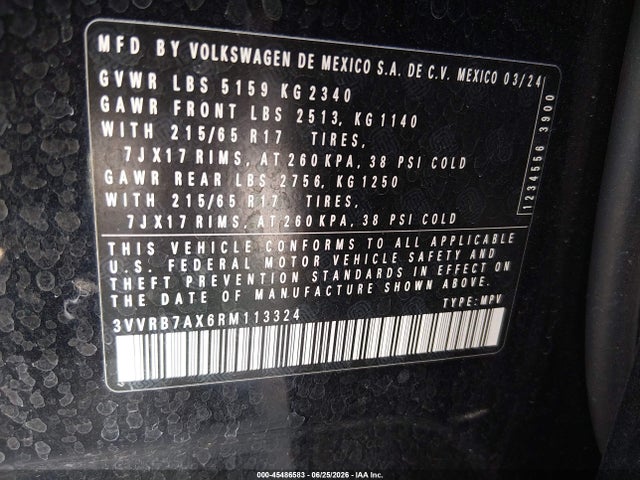 45486583 :رقم المزاد ، 3VVRB7AX6RM113324 vin ، 2024 Volkswagen Tiguan 2.0t S مزاد بيع