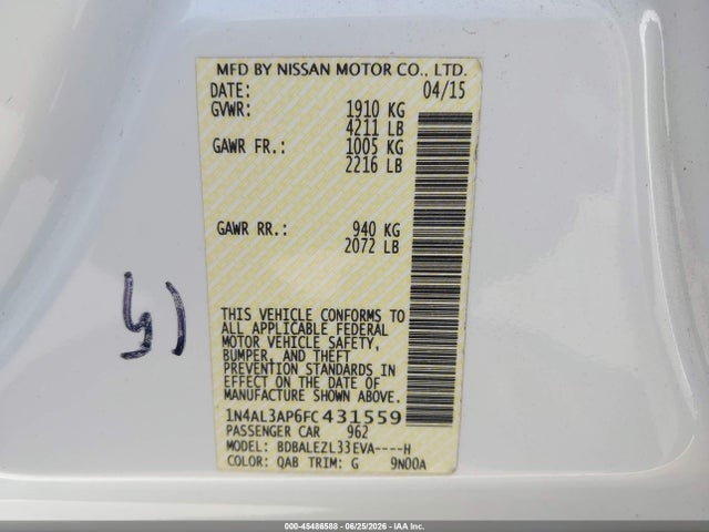 Nissan Altima 2.5 S 2015 1N4AL3AP6FC431559 Image 9