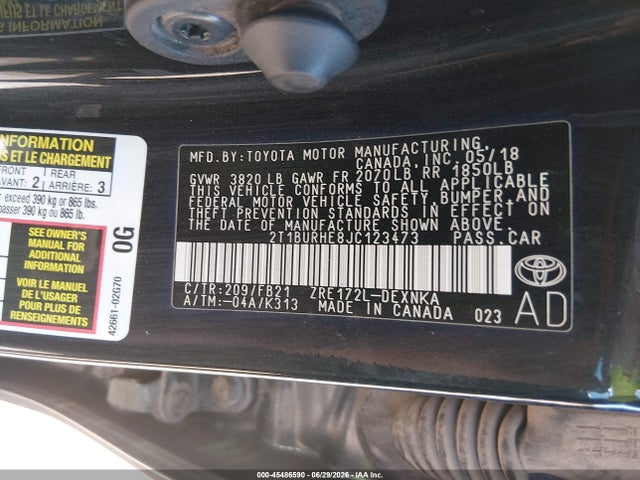 Toyota COROLLA LE 2018 2T1BURHE8JC123473 Image 9