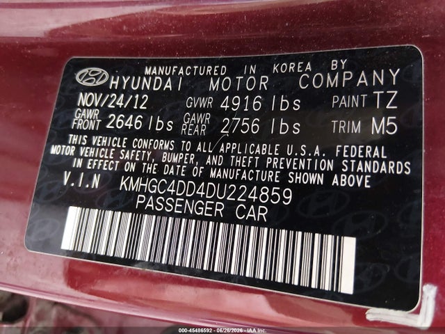 2013 Hyundai Genesis 3.8 მანქანა იყიდება აუქციონზე, vin: KMHGC4DD4DU224859, აუქციონის ნომერი: 45486592
