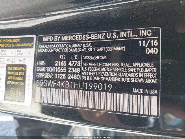 Продаж на аукціоні авто 2017 Mercedes-benz C 300 Luxury 4matic, vin: 55SWF4KB1HU199019, номер лоту: 45486606