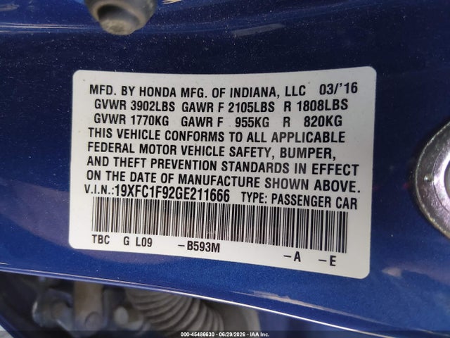 Honda Civic Touring 2016 19XFC1F92GE211666 Image 9