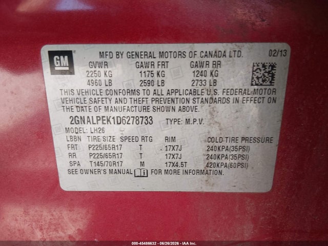 Aukcja sprzedaży 2013 Chevrolet Equinox Lt, vin: 2GNALPEK1D6278733, numer aukcji: 45486632