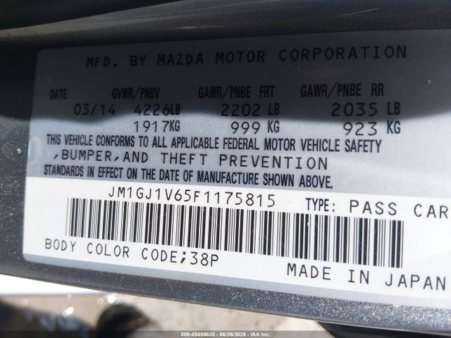 2015 Mazda Mazda6 I Touring მანქანა იყიდება აუქციონზე, vin: JM1GJ1V65F1175815, აუქციონის ნომერი: 45486635