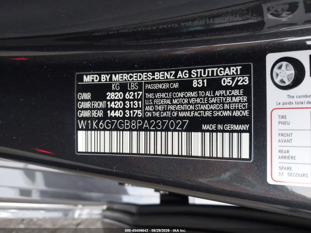 45486642 :رقم المزاد ، W1K6G7GB8PA237027 vin ، 2023 Mercedes-benz S 580 4matic مزاد بيع