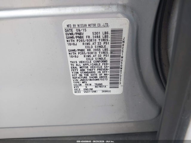 45486648 :رقم المزاد ، JN8CS1MU5GM670273 vin ، 2016 Infiniti Qx70 مزاد بيع