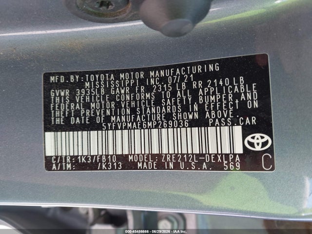 5YFVPMAE6MP269036 Toyota COROLLA LE