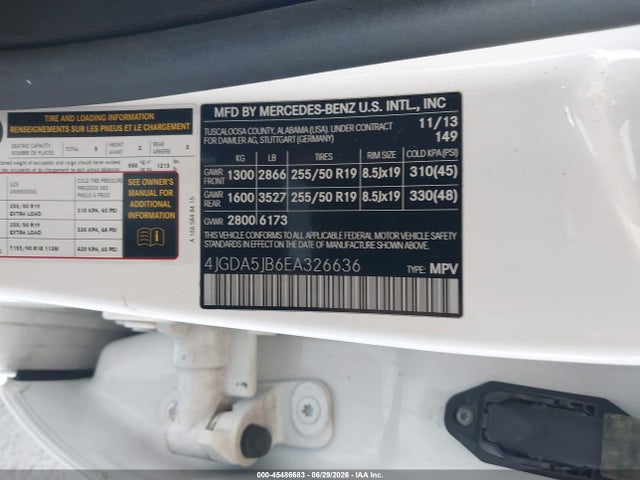Продаж на аукціоні авто 2014 Mercedes-benz Ml 350, vin: 4JGDA5JB6EA326636, номер лоту: 45486683