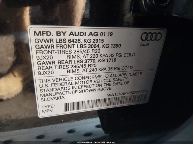 45486689 :رقم المزاد ، WA1LHAF70KD027415 vin ، 2019 Audi Q7 45 Premium/45 Se Premium مزاد بيع