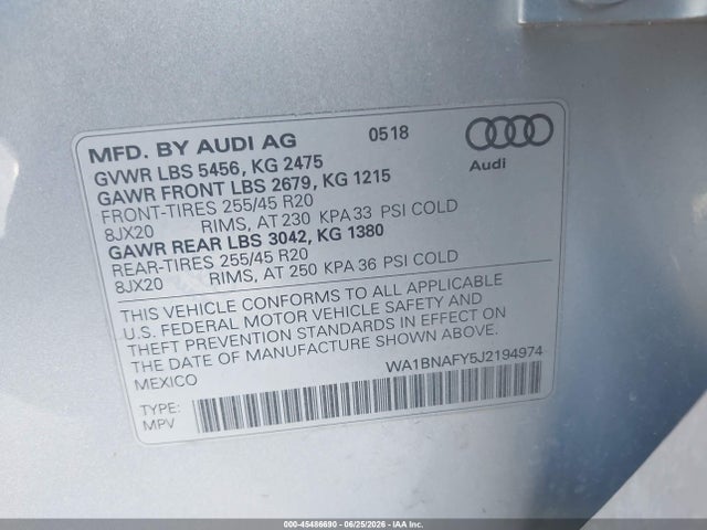 Aukcja sprzedaży 2018 Audi Q5 2.0t Premium/2.0t Tech Premium, vin: WA1BNAFY5J2194974, numer aukcji: 45486690