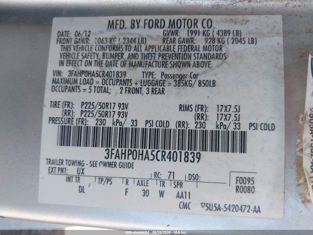 Продажа на аукционе авто 2012 Ford Fusion Se, vin: 3FAHP0HA5CR401839, номер лота: 45486694