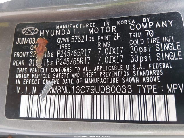 Продажа на аукционе авто 2009 Hyundai Veracruz Gls, vin: KM8NU13C79U080033, номер лота: 45486697