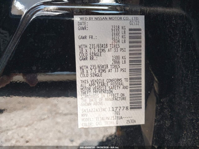 Продажа на аукционе авто 2022 Nissan Murano S Fwd, vin: 5N1AZ2AJ3NC117778, номер лота: 45486705